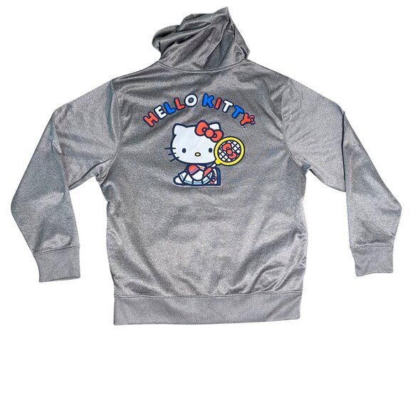Hello Kitty Gray Hoodie XL By Sanrio 100% Polyester Tennis Print Front &‎ Back - Picture 1 of 9